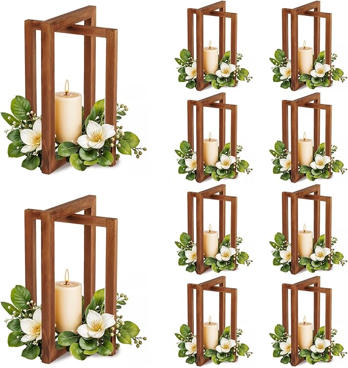 OurWarm 10Pcs Wedding Centerpieces for Tables, Foldable Centerpiece Table Decorations Center Pieces Decoration for Table, Rustic Wood Lantern Centerpieces for Tables Wedding Party Table Decor (Brown)