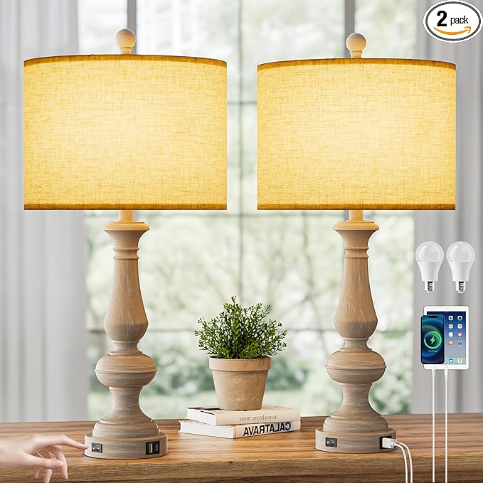 26" Farmhouse Resin Table Lamp for Bedroom Set of 2, Retro Bedside Lamps for Nightstand with USB C+A Ports, 3 Color Temperature Desk Lamp, Vintage Table Lamps for Living Room (Bulb Included)