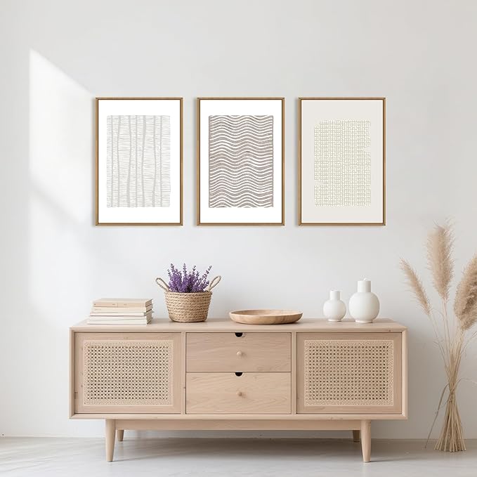 Large Abstract White and Beige Framed Canvas Wall Art,Geometric Dot and Line Wall Decor,Modern Wave Lines Artwork,Neutral Minimalist Shapes Art Print for Living Room,Bedroom,Office-24 x36 x3