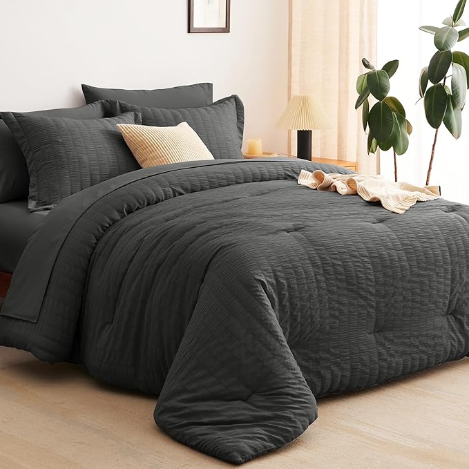 CozyLux Queen Comforter Set Dark Grey Seersucker 7 Pieces Bed in a Bag Queen Comforter Set with Sheets, Luxury Soft Bedding Set with Down Alternative Comforter, Sheets, Pillowcases & Shams All Seasons