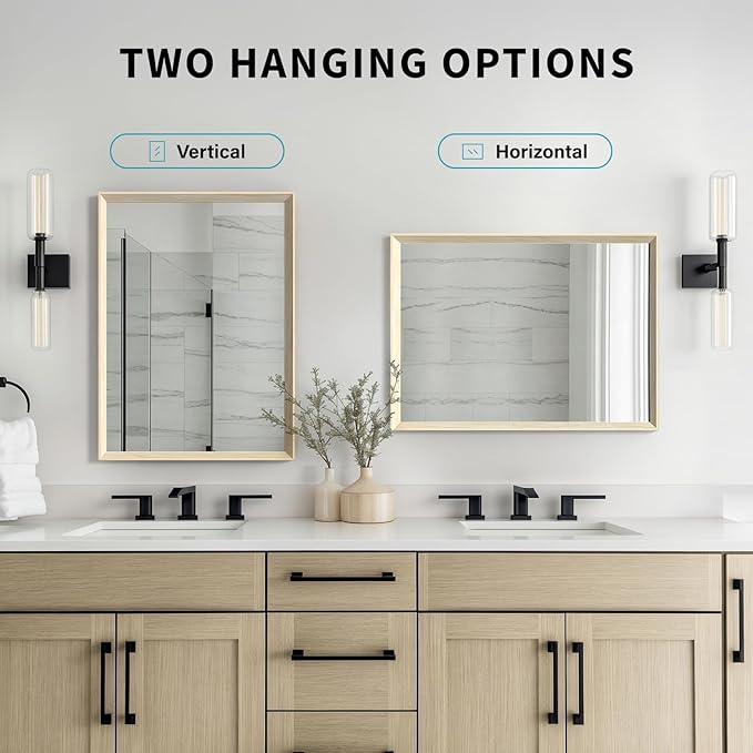 Oak Wood Effect Framed Wall Mirror, 24x32 Rectangle Mirror, 1/8" Anti-desilvering Tempered Glass, Sustainable& Sturdy Frame, Anti-Rust, HD Reflection &3min Fast Setup for Bathroom Living Room