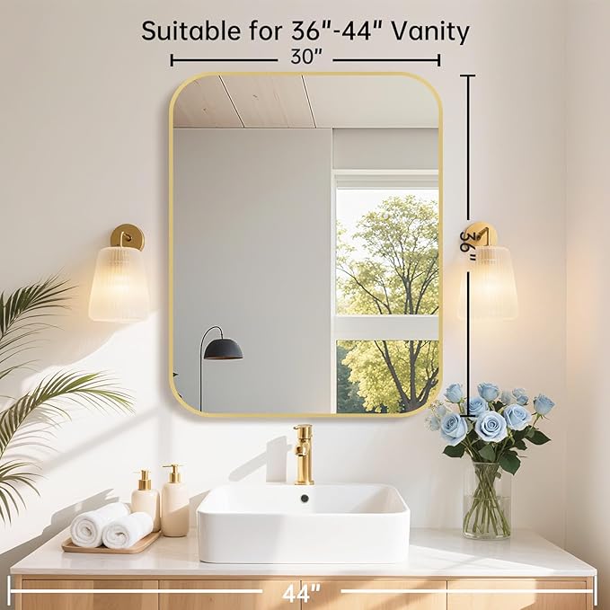 30x36 Inch Gold Bathroom Mirror, Brushed Brass Gold Metal Framed Rectangular Mirror with Rounded Corner, Bathroom Vanity Mirror for Bedroom or Living Room, Horizontal/Vertical