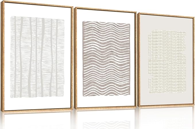 Large Abstract White and Beige Framed Canvas Wall Art,Geometric Dot and Line Wall Decor,Modern Wave Lines Artwork,Neutral Minimalist Shapes Art Print for Living Room,Bedroom,Office-24 x36 x3
