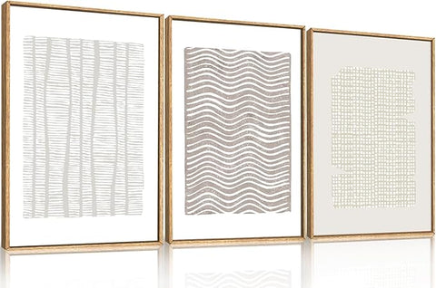 Large Abstract White and Beige Framed Canvas Wall Art,Geometric Dot and Line Wall Decor,Modern Wave Lines Artwork,Neutral Minimalist Shapes Art Print for Living Room,Bedroom,Office-24 x36 x3