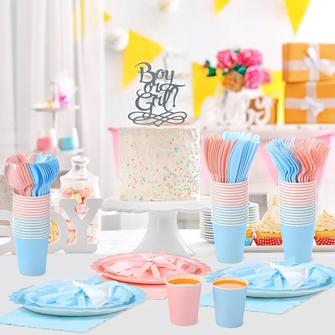 350 Pcs Pink Blue Plates and Napkins, 50 Guest Spring Party Supplies Include Scalloped Paper Plates Napkins Cups Plastic Spoons Forks Knives Disposable Tableware Set for Baby Shower