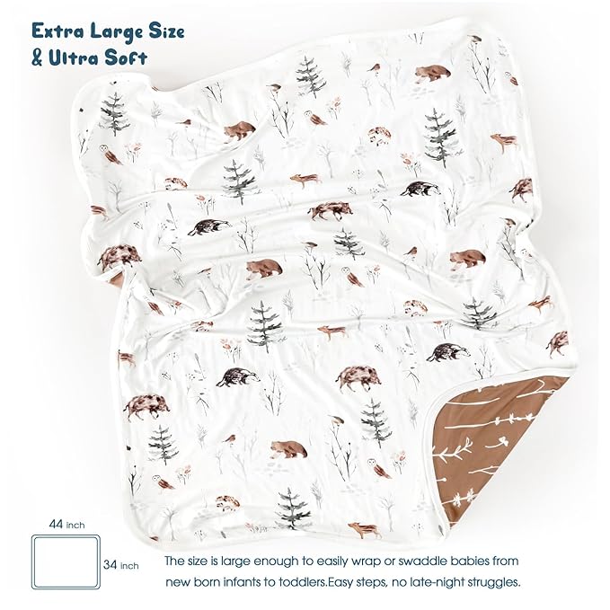 GRSSDER Baby Blankets Super Soft Stretchy Jersey Swaddle Blanket 2 Pack for Girls and Boys, Double Layer Reversible Receiving Blankets 34 x 44, Extra Large for Swaddling, Squirrel & Jungle