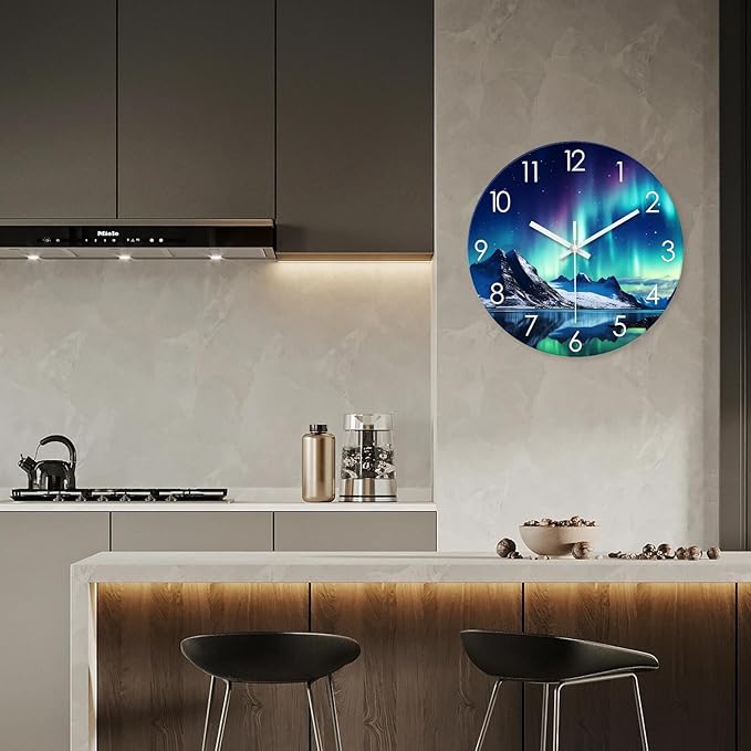 XNM Teal Glass Large Wall Clocks Battery Operated 20 Inch Aurora Wall Clocks for Living Room Decor Glacier Round Clock Silent