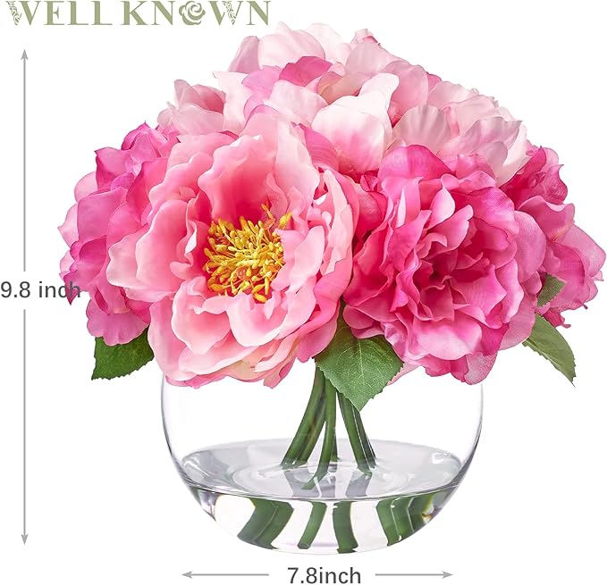 WELL KNOWN Artificial Flowers in Vase, Peonies Artificial Flowers for vase with Faux Water for Coffee Table Decor, Silk Fake Flower Arrangements Peonies Table Centerpieces (Peach Pink)
