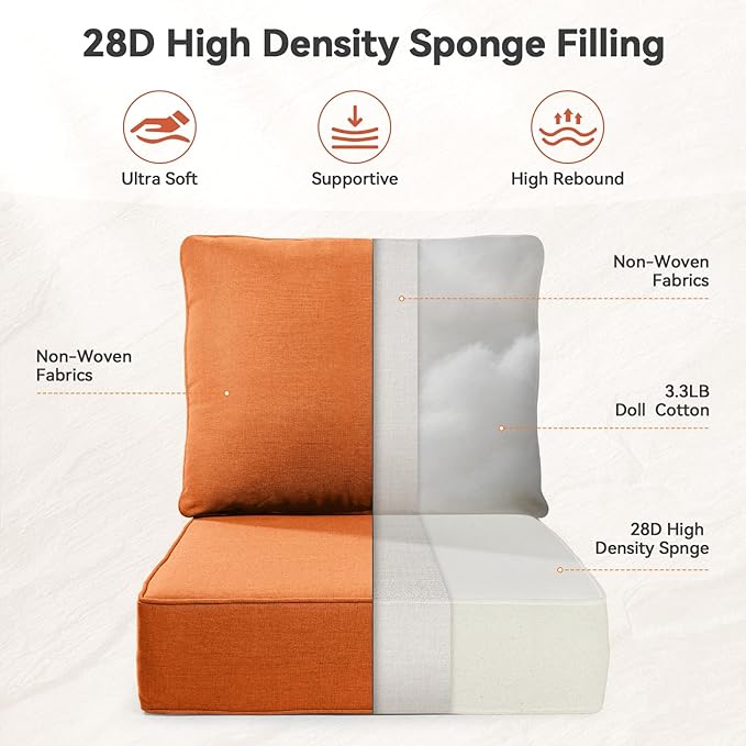 Luxury 6" Outdoor Cushions for Patio Furniture, 24x24x6 Thick Seat Cushion Set of 2, Fade Resistant Couch Chair Replacement Cushions High Density Deep Wicker Chair Cushion w/Removable Cover, Orange