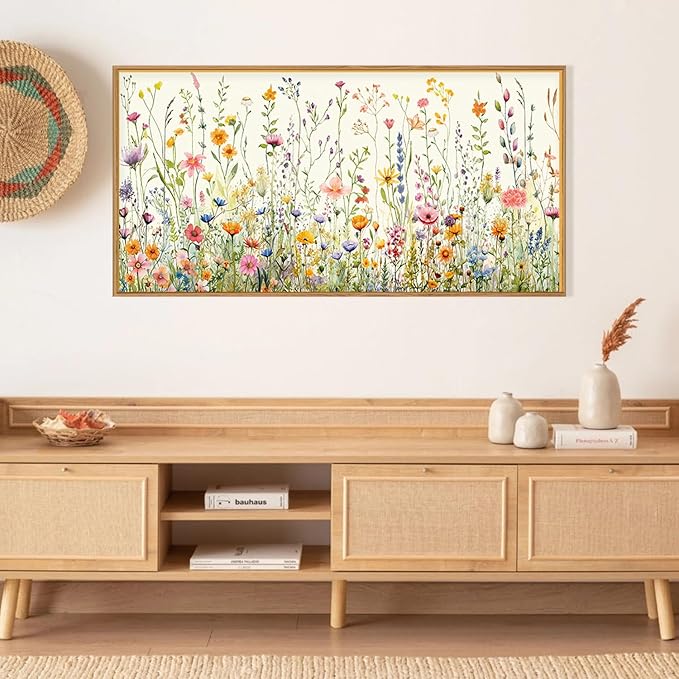 HPINUB Colorful Flower Framed Canvas Wall Art Set, Watercolor Daisy Floral Wall Decor, Wildflower Green Leaf Wall Painting, Multicolour Botanical Art Print for Living Room, Bedroom, Office -20"x40"