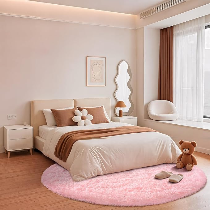 Pink Round Rug for Bedroom, 5Ft Fluffy Circle Area Rugs for Living Room, Shag Fuzzy Carpet for Kids Room, Nursery, Dorm, Classroom, Teen, Cute Baby Play Mat Home Decor Aesthetic