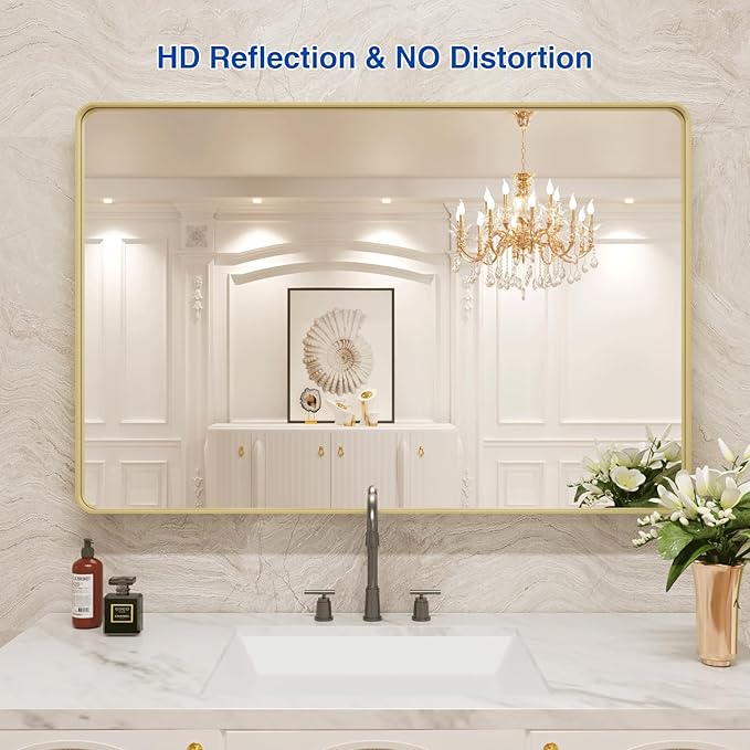 WEER Gold Bathroom Mirror, 48X30 Inch Brushed Gold Metal Frame Mirror, Rounded Rectangle Gold Bathroom Vanity Mirror for Wall, Tempered Glass, Anti-Rust, Hangs Horizontally or Vertically