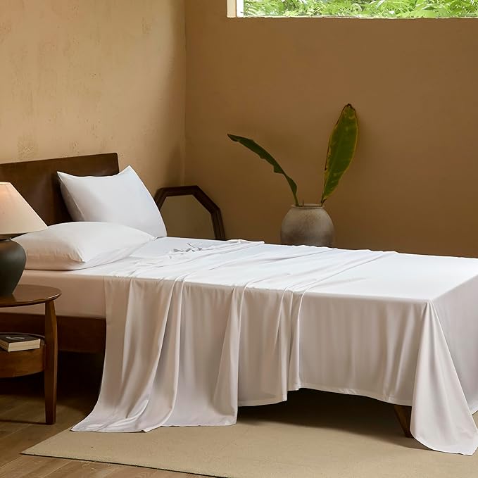 EVERLY California King Sheets Set Luxuriously 400 Thread Count Organic Rayon Derived from Bamboo,Cooling Sheets for California King 4Piece Deep Pockets Bedding Sheets&Pillowcases-White