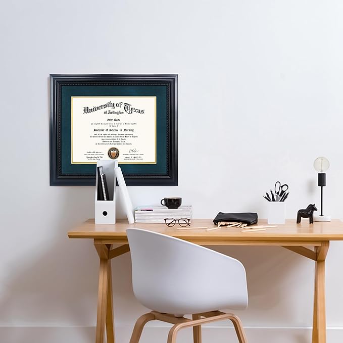 11x14 Diploma Degree Frame with Navy Mat or Display 15x18 Certificates without Mat,Solid Wood,Black Finish with Intricate Black Rope Detail,UV Protection Acrylic