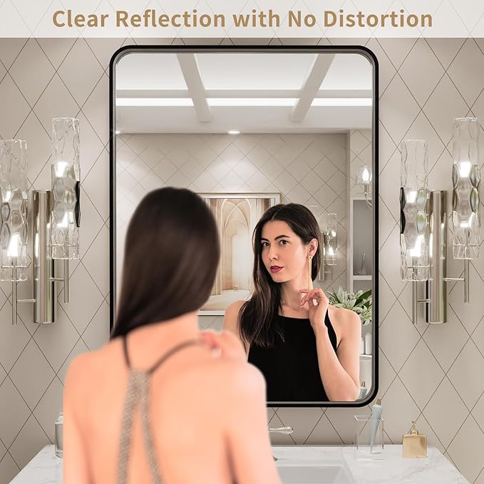 LOAAO 24X32 Inch Black Metal Framed Bathroom Mirror for Wall, Matte Black Bathroom Vanity Mirror Farmhouse, Large Rounded Rectangle Mirror, Anti-Rust, Hangs Horizontally or Vertically