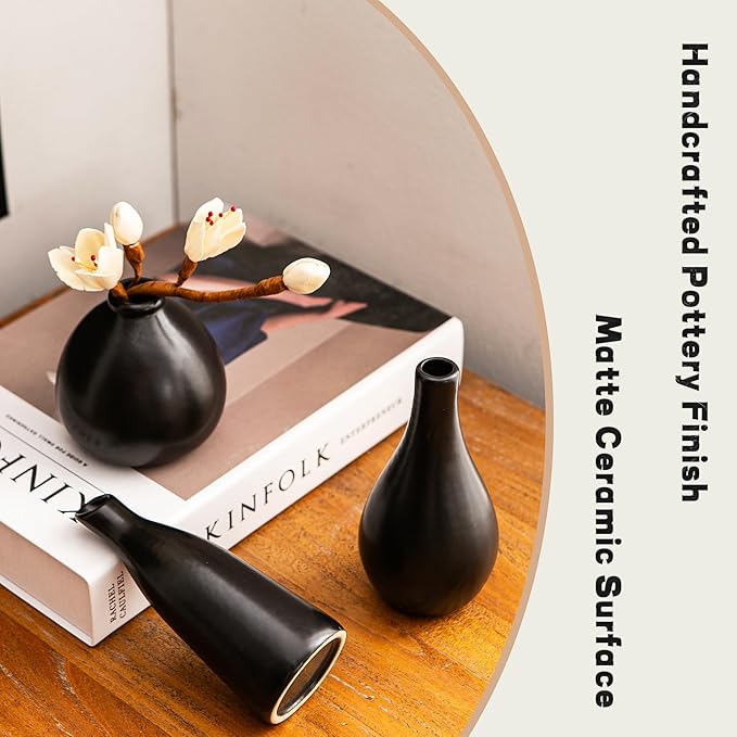 Ceramic Bud Vases, Black Mini Vase Set of 11, Small Pottery Vases for Flowers Mini Ceramic Vases for Pampas Grass Vase Bulk for Wedding Table Centerpieces Decoration Boho Home Decor
