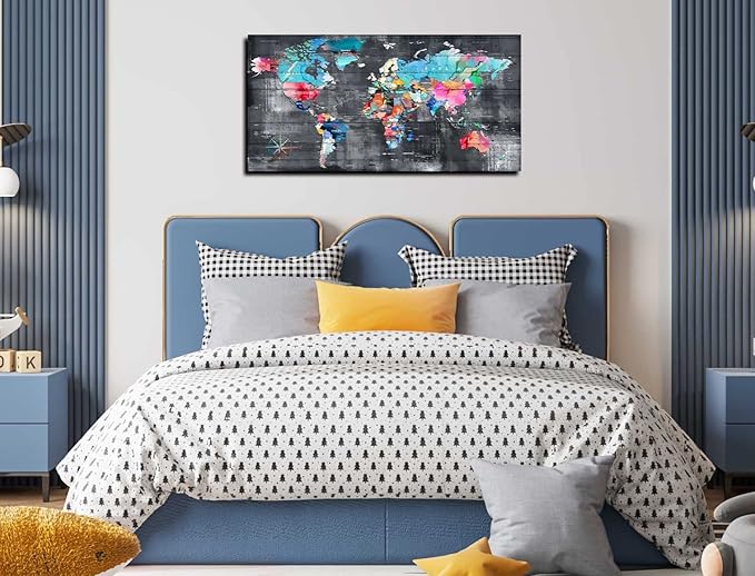 ZHAOSHOP Teal Bedroom Wall-Art - World Map Wall Decor - World Maps For Wall Ready To Hang Size 40" x 20"