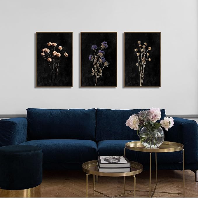 SAFERRYHOME Moody Dark Floral Wall Art Set of 3 - Vintage Black Botanical Canvas Prints Framed Dried Wildflower Artwork, Modern Dark Academia Decor for Living Room, Bedroom & Office - 16x24 Inch Framed