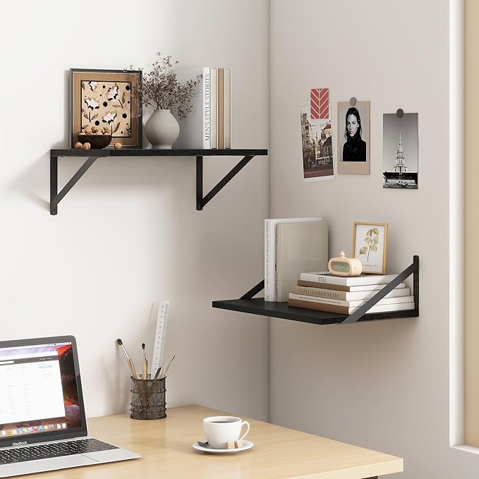 Fun Memories Black Floating Shelves 18 Inch Long, Rustic Floating Shelf with Brackets, 12 Inch Deep Wall Shelves, Black Bathroom Shelves, 18 x 12 Storage Shelf for Kitchen, Living Room, Set of 2