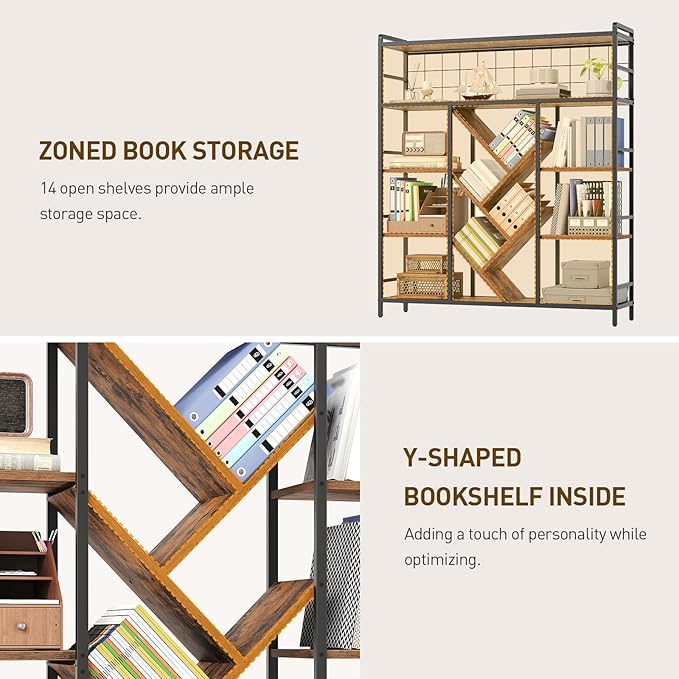 Triple 5-Tier Bookshelf, Industrial Large Bookcase with 14 Open Display Shelves, Modern Tree Bookcase with Metal Frame and Hanging Function for Living Room, Home Office, Rustic Brown and Black