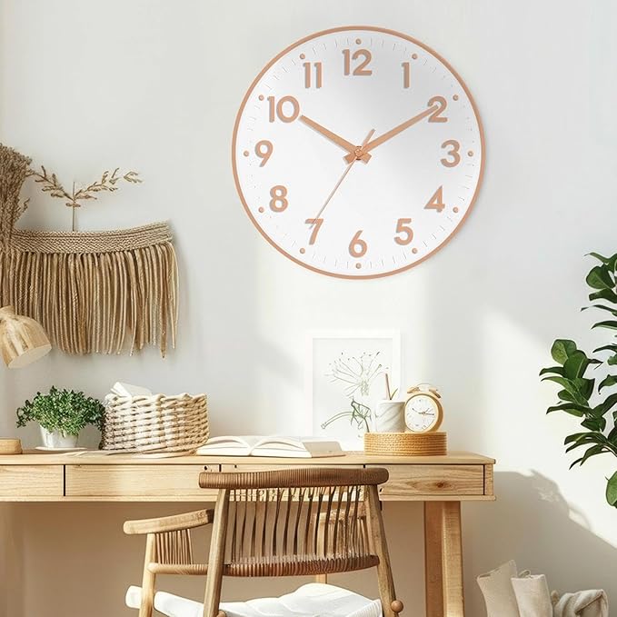 Mosewa Wall Clock 10 Inch, Battery Operated Silent Non-Ticking Modern Analog Clock Decorative for Kitchen, Bedroom, Office, Living Room(Rose Gold)