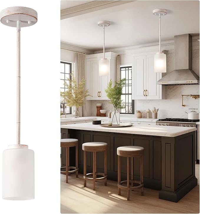 1-Light Mini Pendant Light Fixtures, Industrial Chandelier Hanging Ceiling Lights with Opal White Glass, Adjustable Height, White Brush Gold Pendant Lamp, 2 Pack