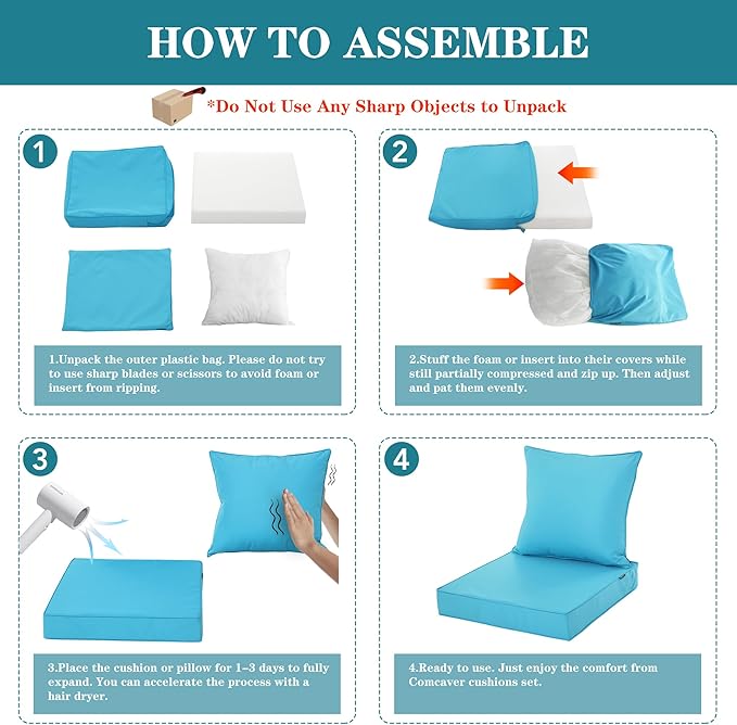Patio Cushions for Outdoor Furniture, Fade and Weather Resistant Deep Seat and Backrest Cushion Set for Chair Sofa Couch Swing, 24x24 Inch, Teal, 1 Set