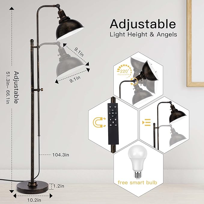 PARTPHONER Industrial Floor Lamp Adjustable, Rustic Farmhouse Reading Lamp in Aged Black Finish, Modern Standing Lamp with Remote Control Metal Shade for Living Room Bedroom Study Room Office Hotel