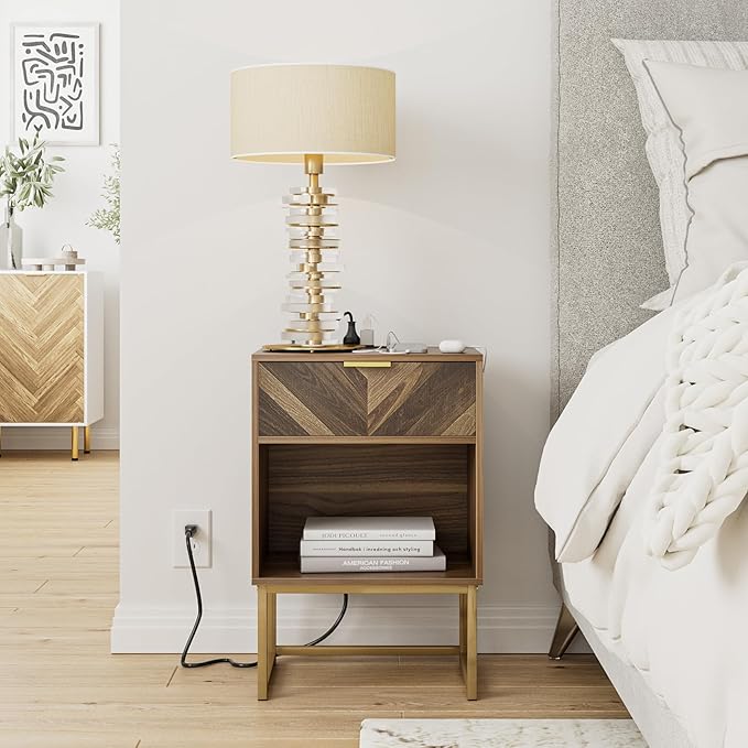 Masupu Nightstand with Charging Station,Modern Night Stand Boho Farmhouse Wood Bedside Table with Storage Drawer Side End Table for Bedroom,Living Room,Office,Walnut Brown with Outlet