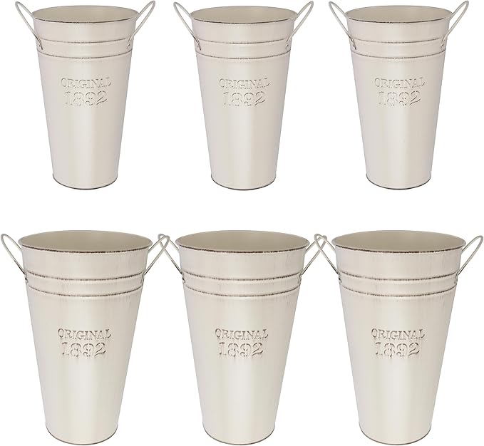 6 Packs 12 Inch & 10 Inch Galvanized Metal Flower Vases with Handles, Rustic French Metal Flower Buckets for Cut Flowers, Country Wedding, Table Centerpiece Decorations(Milky White)