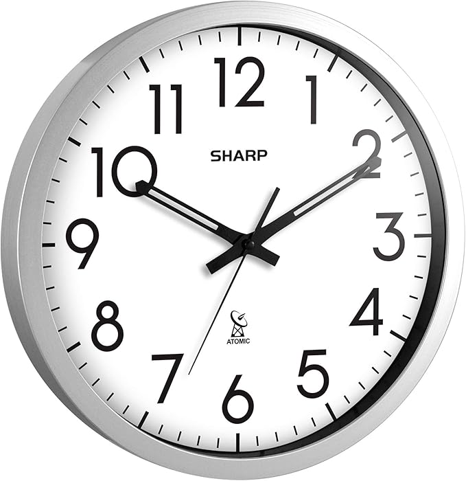 Sharp Atomic Analog Wall Clock - 12" Silver Brushed Finish - Sets Automatically- Battery Operated - Easy to Read - Easy to Use– Modern Design and Style