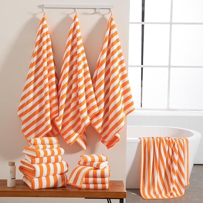 18 Pcs Orange Cabana Stripe Family Towels Set with Hanging Loop-6 Bath Sheets,6 Hand Towels,6 Washcloths Ultra Soft Bathroom Towel Highly Absorbent Quick Dry Shower Towel for Beach Chair,Spa,Gym,Hotel