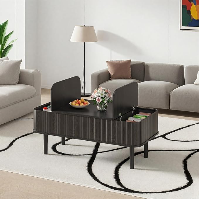 Coffee Table Lift Top, Fluted Coffee Table with Storage, Black Coffee Tables for Living Room, Modern Center Table with Metal Legs