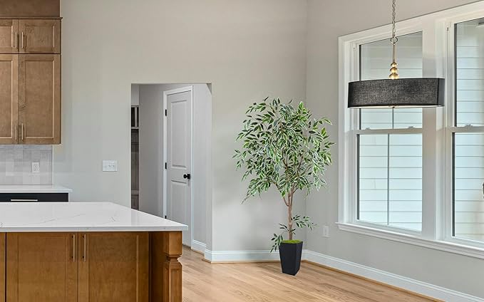 Artificial Ficus Plant 6ft, Faux Tree with Black Tall Planter, Fake Ficus Leaves Trees in Pot, Artificial Floor Plants for Home Living Room Office Garden Balcony Foyer Decor Indoor
