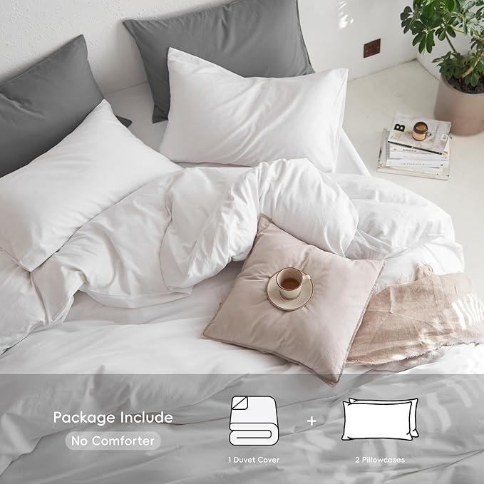 MooMee Full Duvet Cover Set, 100% Washed Cotton Linen Like Twill Thick Sturdy Material Super Soft Breathable Durable Bedding for All Season, 3 Pieces (Bright White, Full 80"x90")