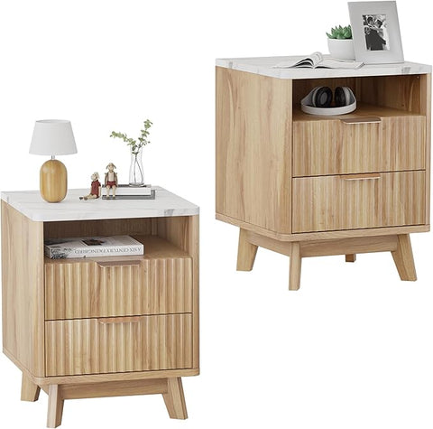 Fluted Nightstand Set of 2, 18" Modern Bed Night Stand with Faux Marble Top, 2 Drawers, Open Storage Shelf, Living Room End Table, Curved Edge Bedside Table for Bedroom, Natural Oak