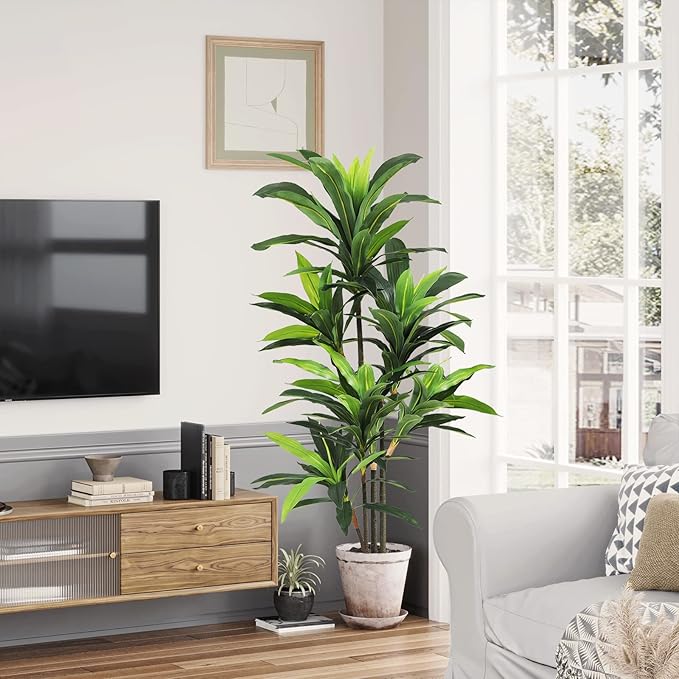 VIAGDO Dracaena Silk Plant Artificial 5ft Faux House Plants Evergreen Dracaena Marginata Fake Yucca Palm Trees in Pot Realistic Dragon Tree for Living Room Home Office Decor Indoor Outdoor
