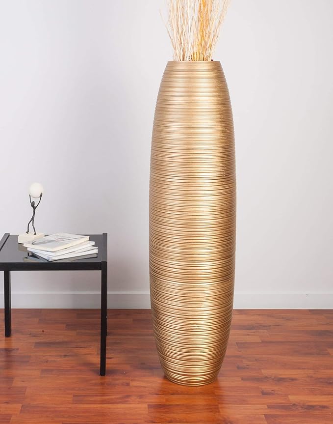 LEEWADEE Large Floor Vase – Handmade Flower Holder Made of Wood, Sophisticated Vessel for Decorative Branches and Dried Flowers, 43 inches, Golden