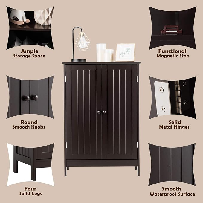 GLACER Bathroom Floor Cabinet, Wooden Storage Cabinet with Double Doors, Suitable for Bathroom, Living Room, Entryway, 23.5 x 14 x 34 inches (Brown)