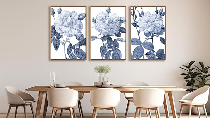 Large Framed Canvas Wall Art - Natural Float Framed Blue Gray Flowers Pictures Decor Rustic Blossom Leaves Botanical Artwork for Living Room Bedroom Kitchen Home Office Decoration 60" X 28" Set of 3