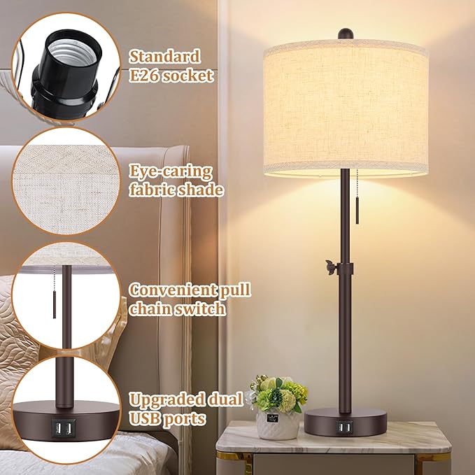 Modern Brown Table Lamps Set of 2, 23’’-30’’ Adjustable Bedroom Lamps with 2 USB Ports, Living Room Lamp Set with Cream Linen Shade, Industrial Desk Lamp for Nightstand End Table Home Office Reading