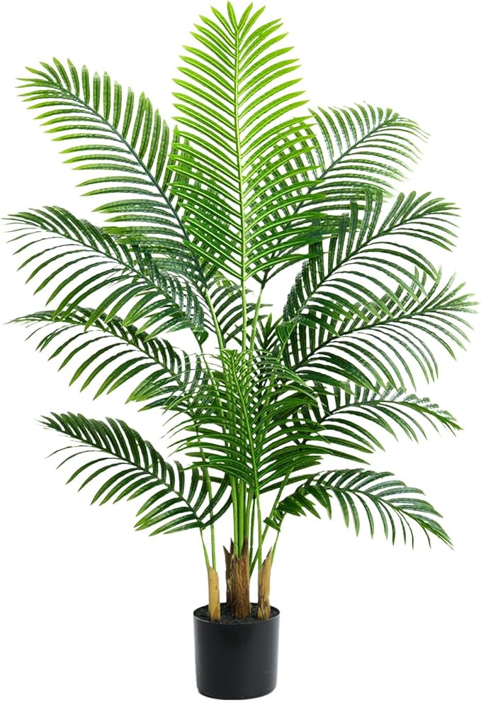 Artificial Fake Palm Tree 4FT Tropical Faux Palm Trees in Pot with 13 Trunks and Real Bark Design Areca Floor Plant Faux Palm Plant for Indoor Outdoor Home Decor