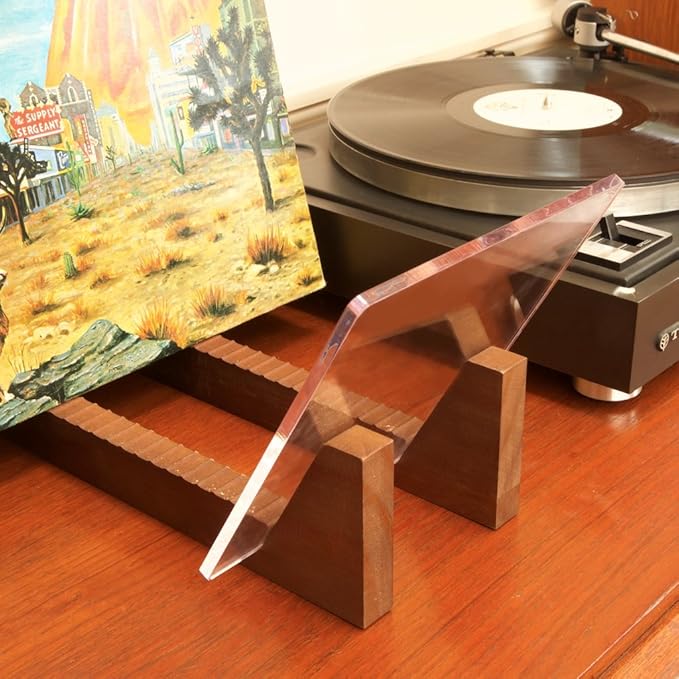 KAIU Vinyl Record Storage Holder - Solid Wood with Crystal Clear Acrylic Holder - Premium Design, Perfect 12" LPs or 7" Singles Display Unit - Stores and Supports up to 50 Albums (Vintage Brown)