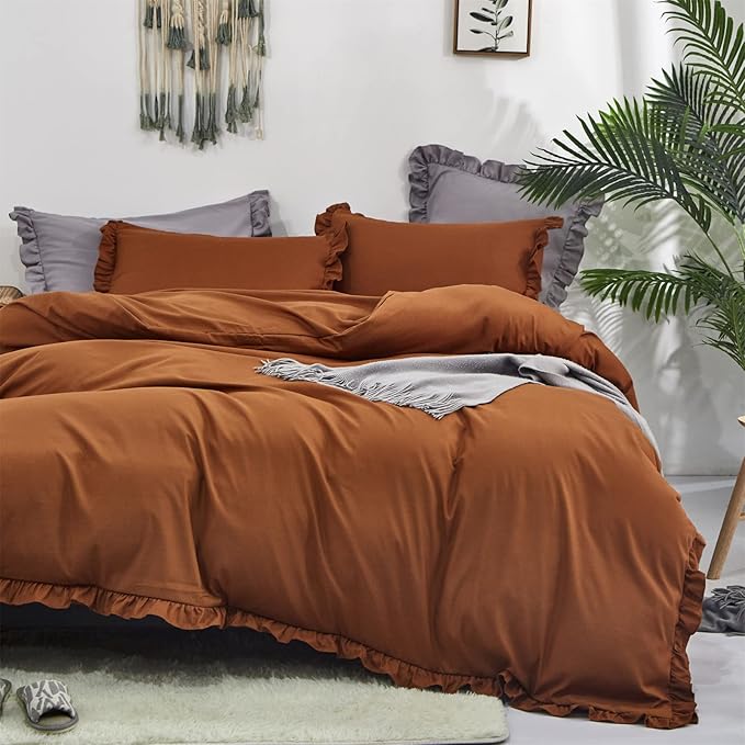 Luxlovery Ruffle Pumpkin Comforter Set King Farmhouse Rust Terracotta Bedding Comforter Set Shabby Boho Solid Cotton Blanket Quilts Vintage Rustic Pumpkin Bedding Set for King Bed