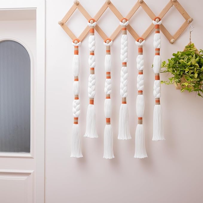 Remmdan Macrame Wall Hanging: Boho Wall Decor, Textile Tassel Wall Hanging, Fiber Yarn Boho Wall Art for Living Room Bedroom, 32" L x 1.8" W x 6 Pcs, White and Orange