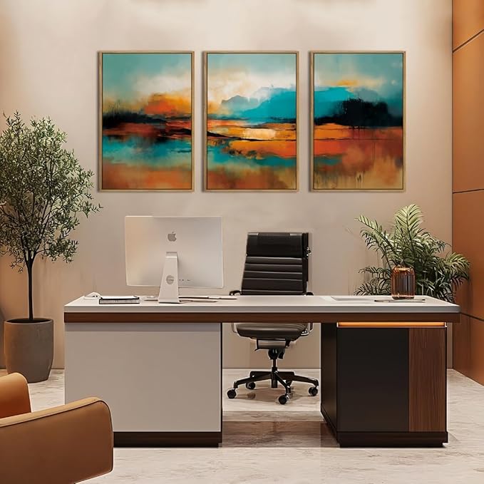 Large Abstract Burnt Orange Framed Canvas Wall Art,Neutral Blue and Black Wall Decor,Modern Brush Stroke Artwork,Minimalist Watercolor Art Print for Living Room,Bedroom,Office- 24"x36"x3