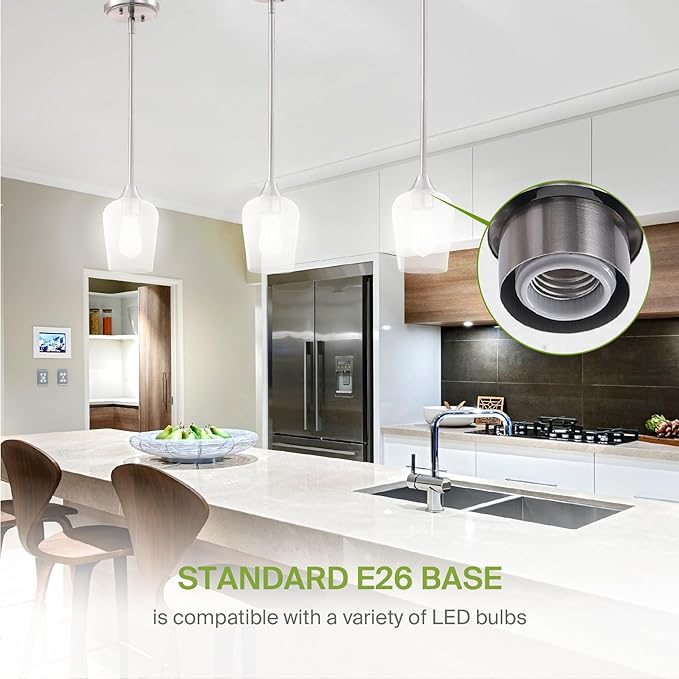 ASD Single Mini-Pendant Ceiling Light Fixture | 60W E26 Socket 120V | Dimmable, LED/CFL/Incandescent Bulbs Compatible, ETL Listed | Hanging Kitchen Island Lighting, Clear Drop Lamp | Nickel
