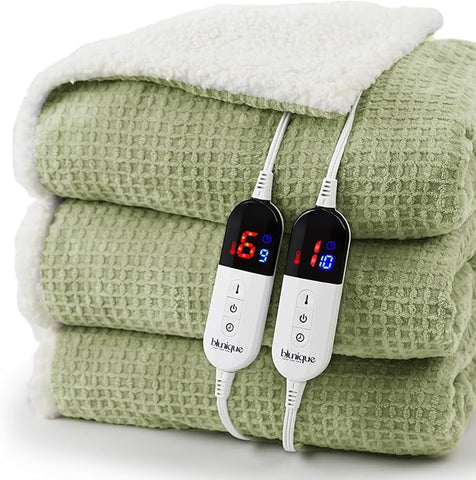 Heated Blanket Electric Blanket Queen Waffle, 84x90 Inches Dual Controllers Sherpa Fleece Fast Heating Blanket 6 Heating Levels & 10 Hours Auto Off ETL Certification, Sage Queen