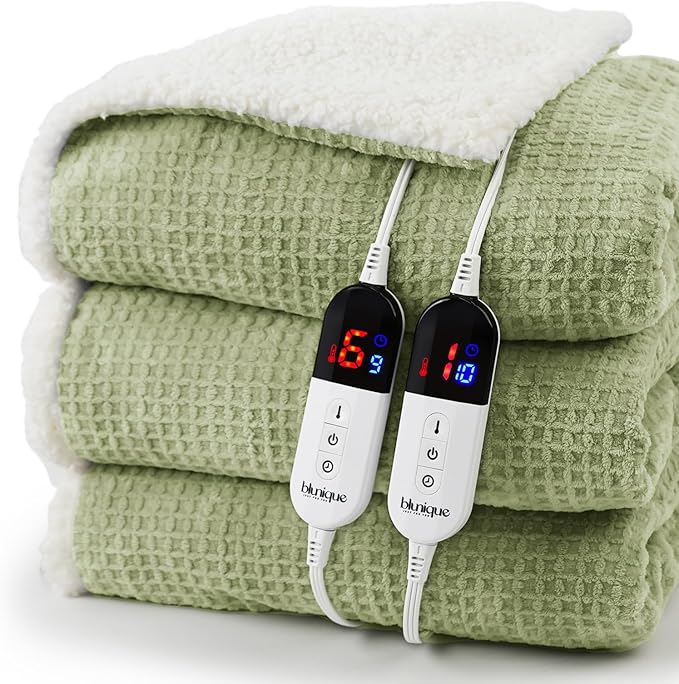 Heated Blanket Electric Blanket King Waffle, 90x100 Inches Dual Controllers Sherpa Fleece Fast Heating Blanket 6 Heating Levels & 10 Hours Auto Off ETL Certification, Sage King