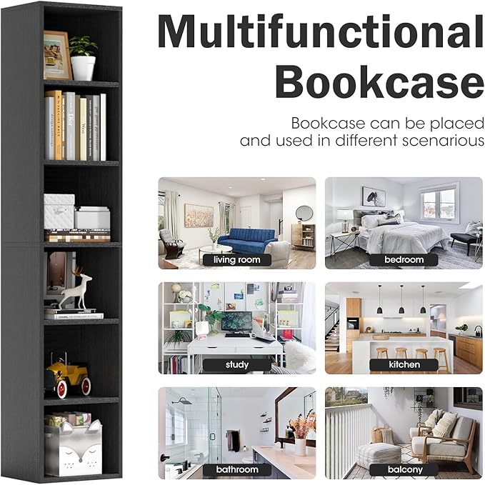 71.5" Tall Narrow Bookshelf, 6 Tier Floor Standing Bookcase, Open Bookshelves Storage Organizer Display Shelves, Modern Corner Bookshelf Storage Cabinet for Living Room, Office, Black